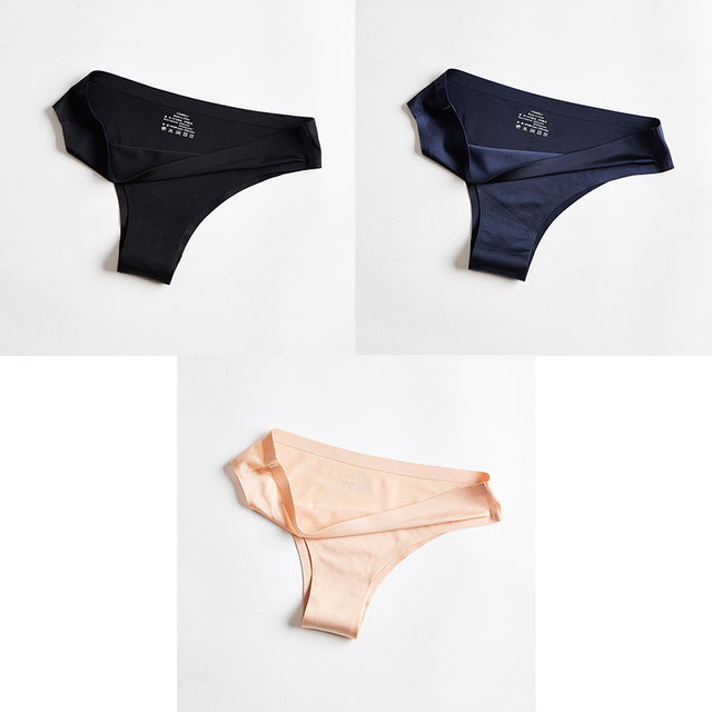 Pack of 3)Woman Ice Silk Mid-Waist Laser Cut Underwear Seamless Panties